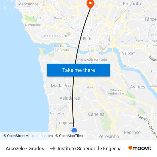 Arcozelo - Grades Verdes to Instituto Superior de Engenharia do Porto map