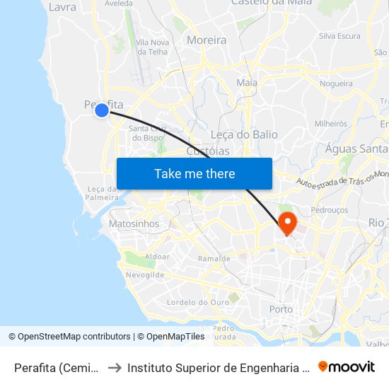 Perafita (Cemitério) to Instituto Superior de Engenharia do Porto map