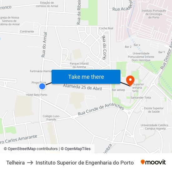 Telheira to Instituto Superior de Engenharia do Porto map