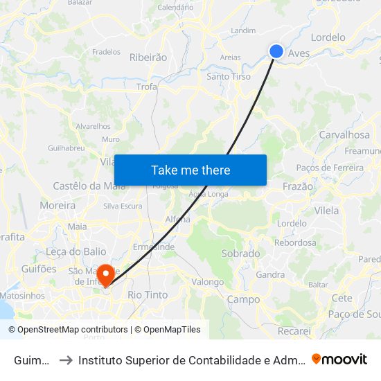 Guimarães to Instituto Superior de Contabilidade e Administração do Porto map