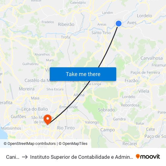 Caniços to Instituto Superior de Contabilidade e Administração do Porto map