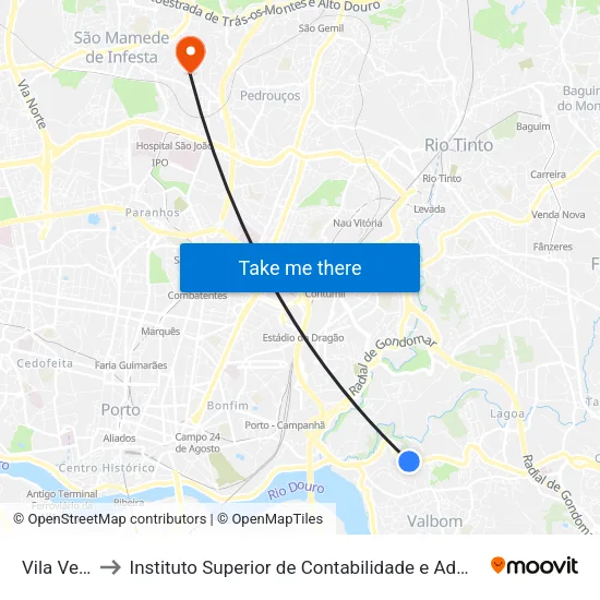 Vila Verde 1 to Instituto Superior de Contabilidade e Administração do Porto map