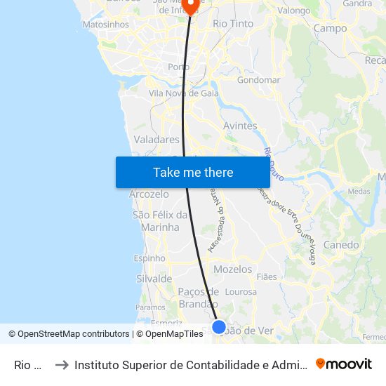 Rio Meão to Instituto Superior de Contabilidade e Administração do Porto map