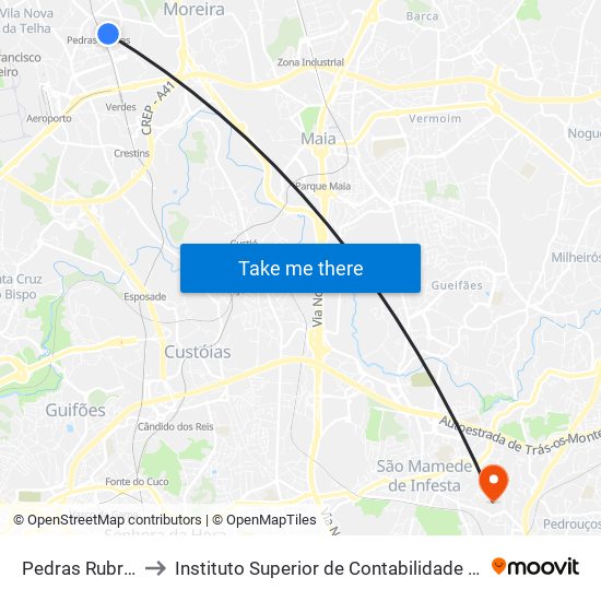 Pedras Rubras (Metro) to Instituto Superior de Contabilidade e Administração do Porto map