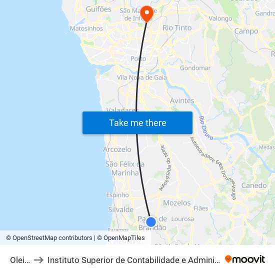 Oleiros to Instituto Superior de Contabilidade e Administração do Porto map