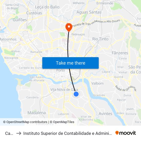 Caxito to Instituto Superior de Contabilidade e Administração do Porto map