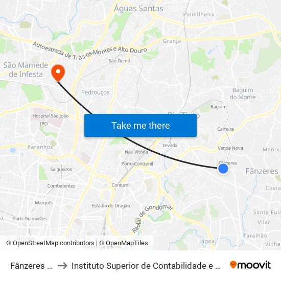 Fânzeres (Metro) to Instituto Superior de Contabilidade e Administração do Porto map