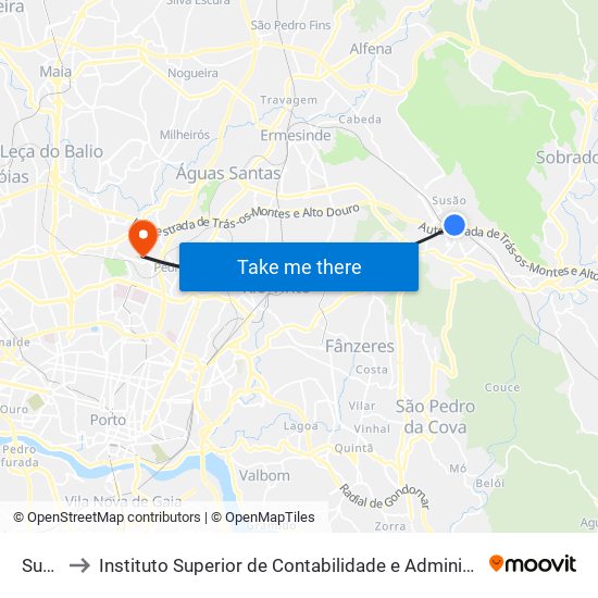 Susão to Instituto Superior de Contabilidade e Administração do Porto map