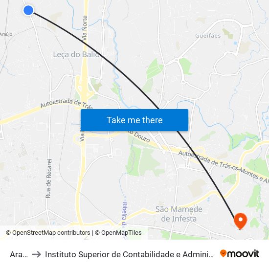 Araújo to Instituto Superior de Contabilidade e Administração do Porto map