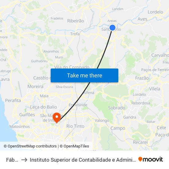 Fábrica to Instituto Superior de Contabilidade e Administração do Porto map