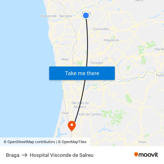 Braga to Hospital Visconde de Salreu map