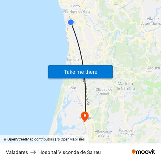 Valadares to Hospital Visconde de Salreu map