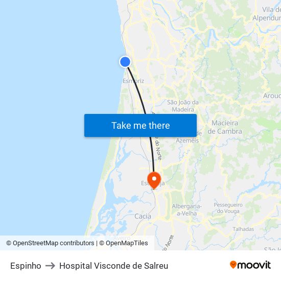 Espinho to Hospital Visconde de Salreu map