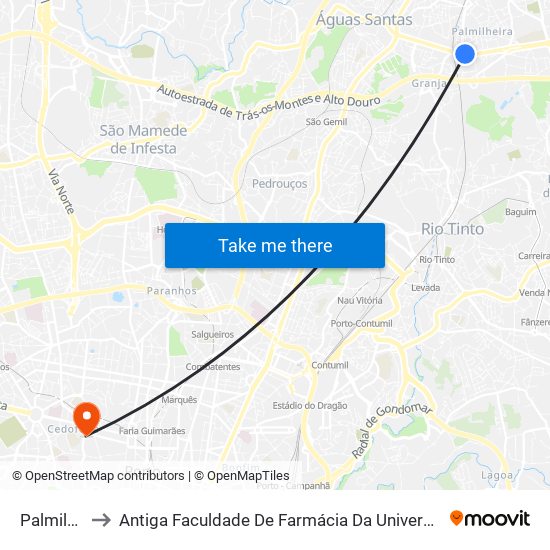 Palmilheira to Antiga Faculdade De Farmácia Da Universidade Do Porto map