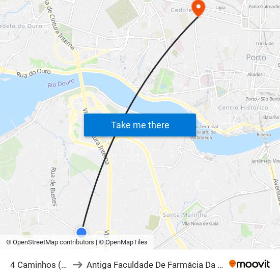 4 Caminhos (R. Bélgica) to Antiga Faculdade De Farmácia Da Universidade Do Porto map