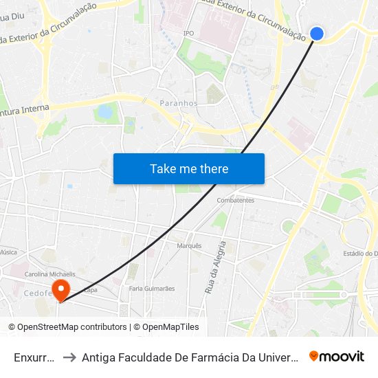 Enxurreiras to Antiga Faculdade De Farmácia Da Universidade Do Porto map