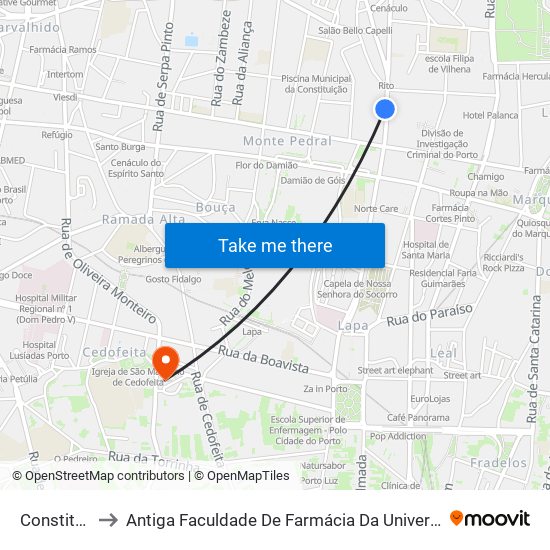 Constituição to Antiga Faculdade De Farmácia Da Universidade Do Porto map