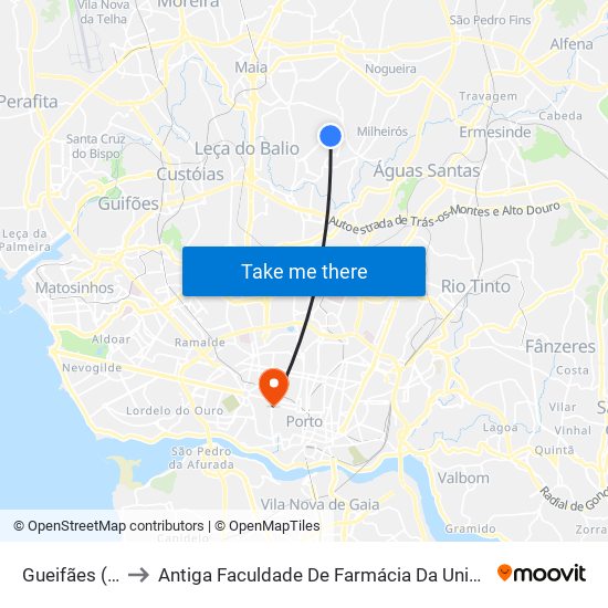 Gueifães (Igreja) to Antiga Faculdade De Farmácia Da Universidade Do Porto map