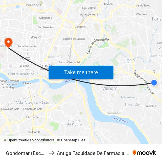 Gondomar (Escola Secundária) to Antiga Faculdade De Farmácia Da Universidade Do Porto map