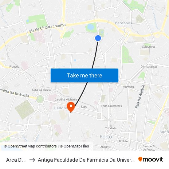 Arca D'Água to Antiga Faculdade De Farmácia Da Universidade Do Porto map