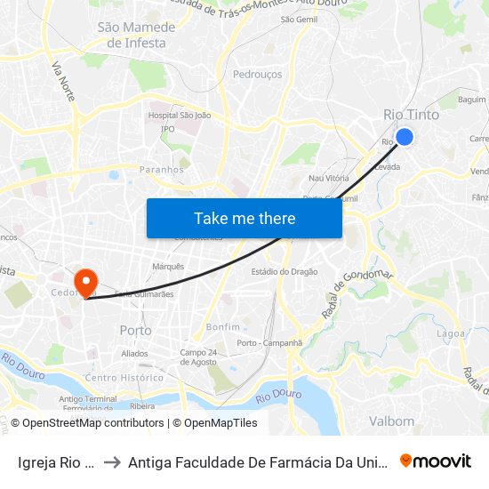 Igreja Rio Tinto 1 to Antiga Faculdade De Farmácia Da Universidade Do Porto map