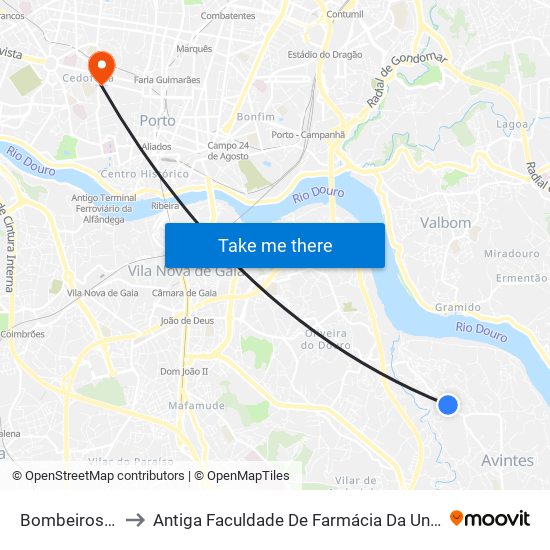 Bombeiros Avintes to Antiga Faculdade De Farmácia Da Universidade Do Porto map