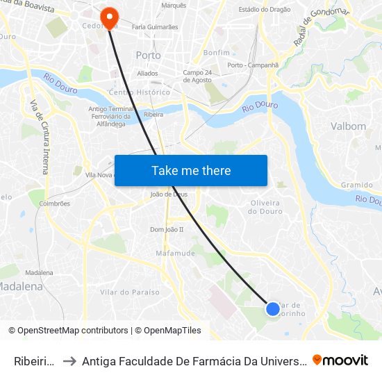 Ribeirinhas to Antiga Faculdade De Farmácia Da Universidade Do Porto map