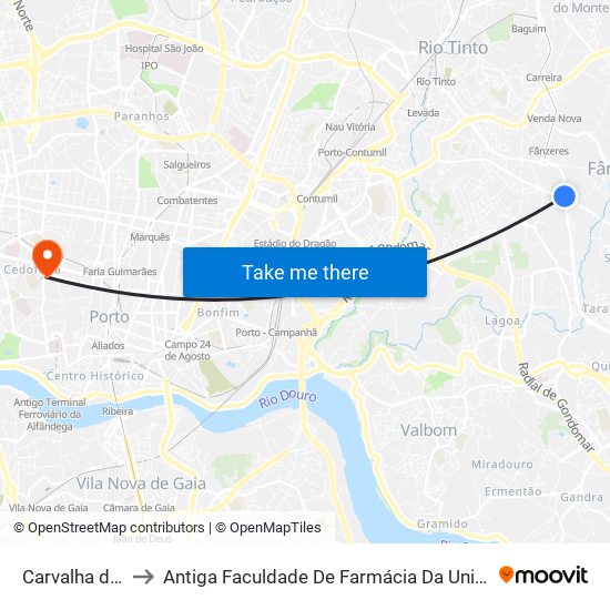 Carvalha de Baixo to Antiga Faculdade De Farmácia Da Universidade Do Porto map