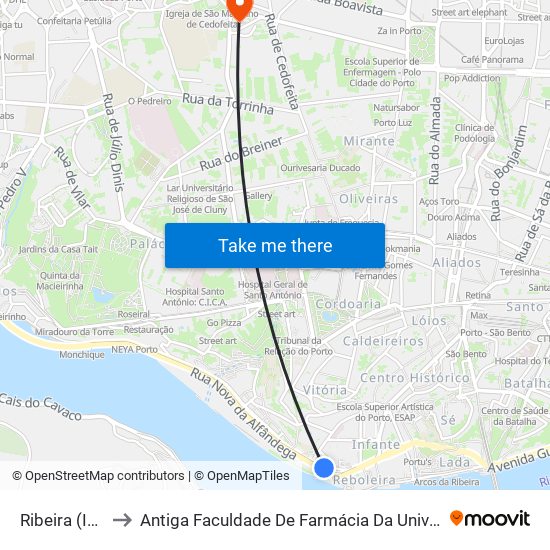 Ribeira (Infante) to Antiga Faculdade De Farmácia Da Universidade Do Porto map