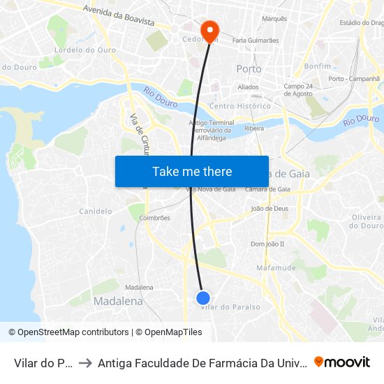 Vilar do Paraíso to Antiga Faculdade De Farmácia Da Universidade Do Porto map