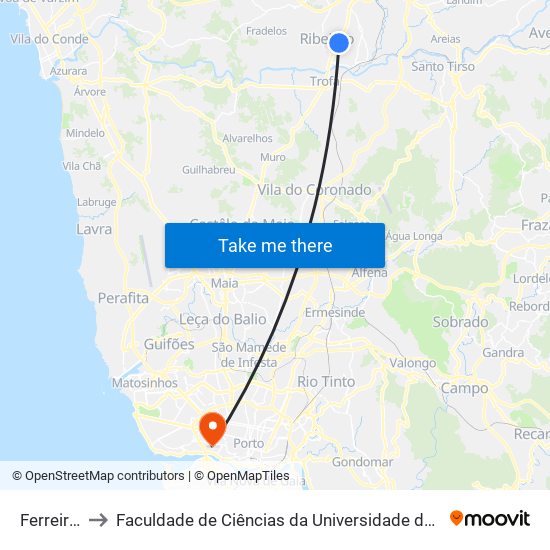 Ferreiros to Faculdade de Ciências da Universidade do Porto map