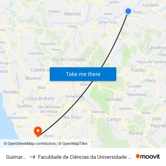 Guimarães to Faculdade de Ciências da Universidade do Porto map