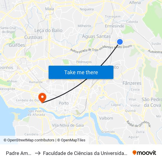 Padre Américo to Faculdade de Ciências da Universidade do Porto map