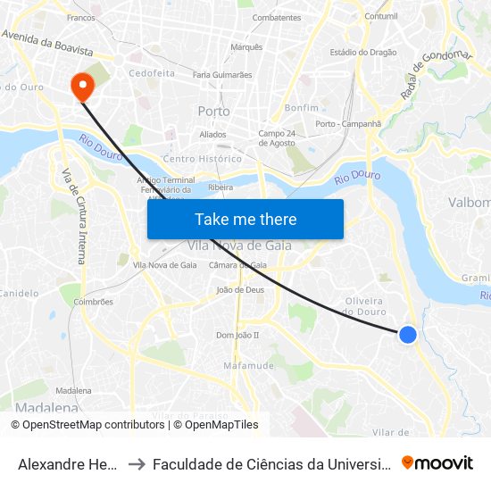 Alexandre Herculano to Faculdade de Ciências da Universidade do Porto map