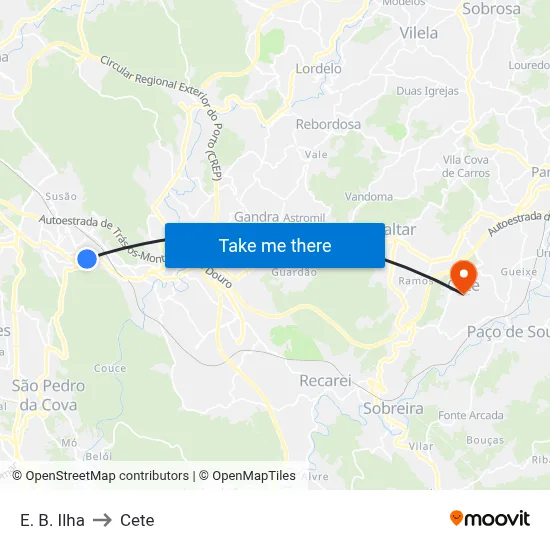 E. B. Ilha to Cete map