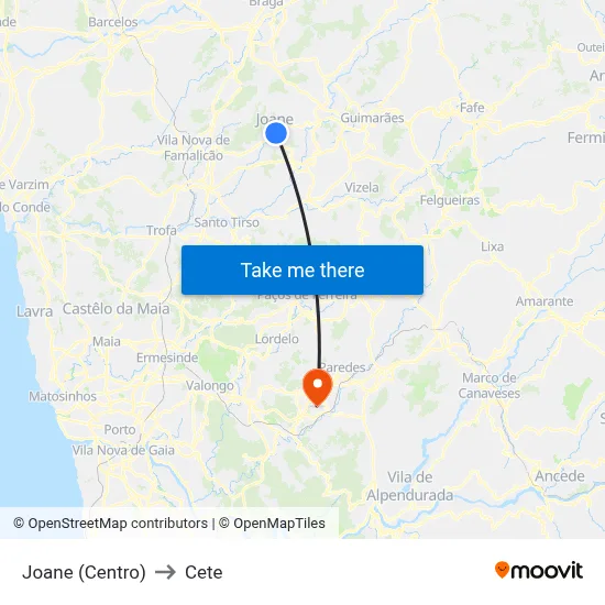 Joane (Centro) to Cete map