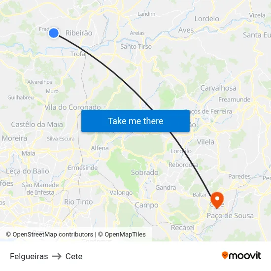 Felgueiras to Cete map