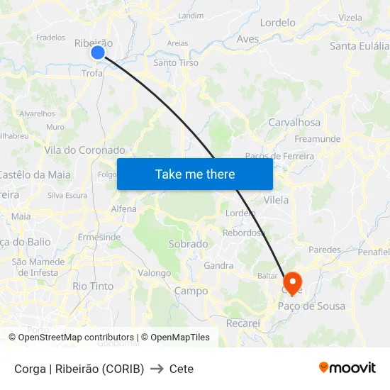 Corga | Ribeirão (CORIB) to Cete map