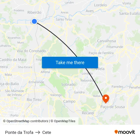 Ponte da Trofa to Cete map