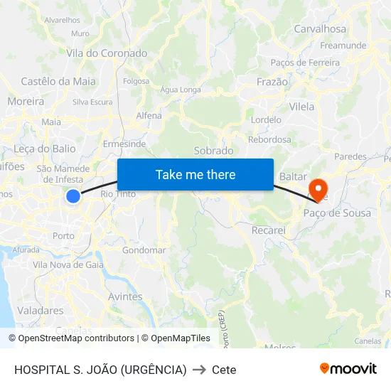 HOSPITAL S. JOÃO (URGÊNCIA) to Cete map
