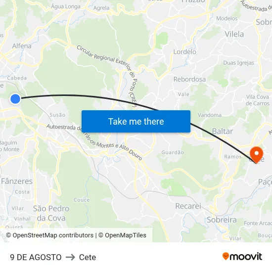 9 DE AGOSTO to Cete map