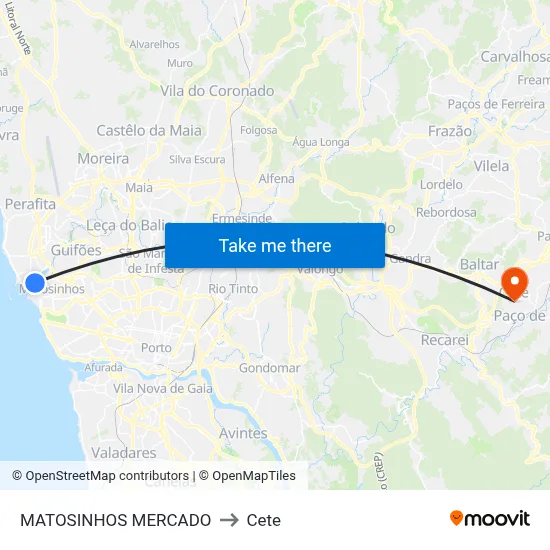 MATOSINHOS MERCADO to Cete map