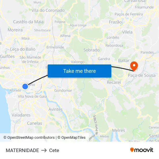 MATERNIDADE to Cete map