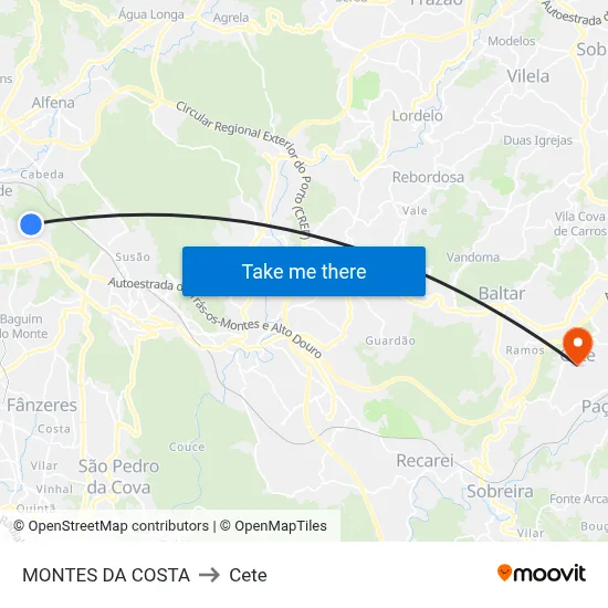 MONTES DA COSTA to Cete map