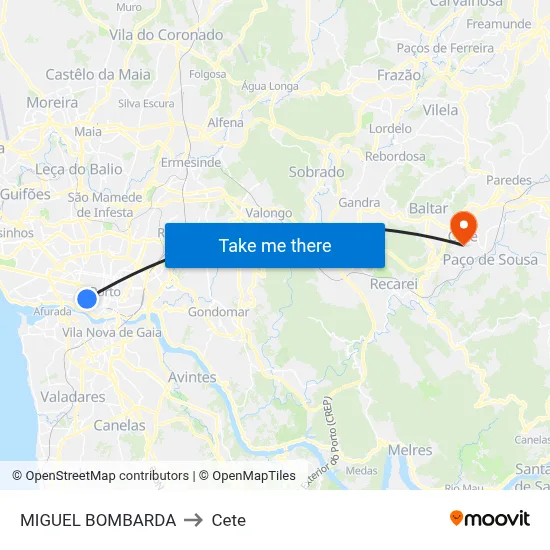 MIGUEL BOMBARDA to Cete map