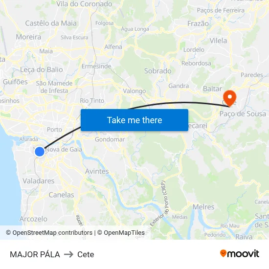 MAJOR PÁLA to Cete map