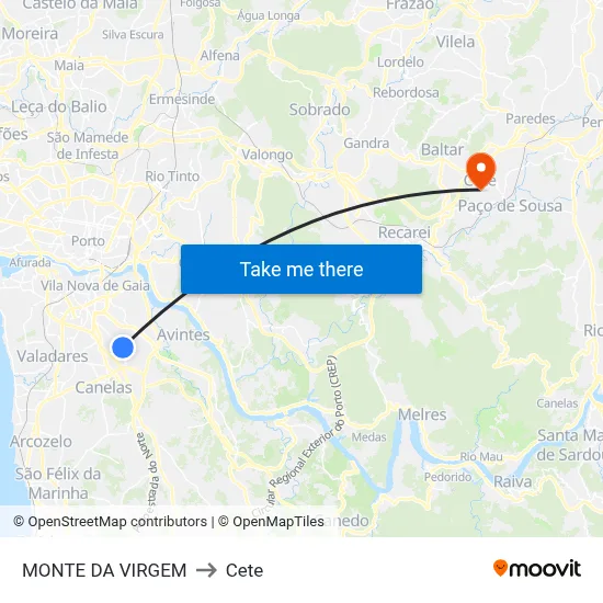MONTE DA VIRGEM to Cete map