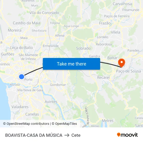BOAVISTA-CASA DA MÚSICA to Cete map