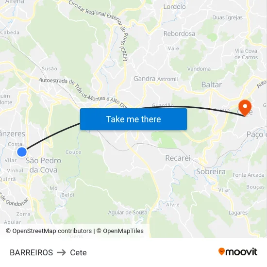 BARREIROS to Cete map
