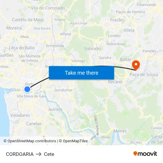 CORDOARIA to Cete map
